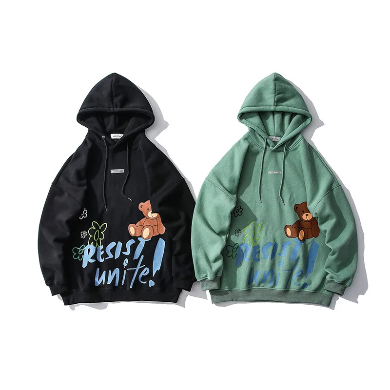 

Autumn Winter Fleece Hoodie Men Flowers Cartoon Bear Printed Oversized Hoodie Streetwear Harajuku Cotton Casual Hooded Pullover