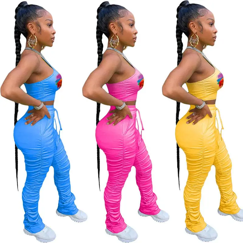 

ZOOEFFBB Sexy Tie Dye Lips Print 2 Piece Set Women Tracksuit Summer Outfits Crop Top Stacked Leggings Sweat Pants Matching Sets
