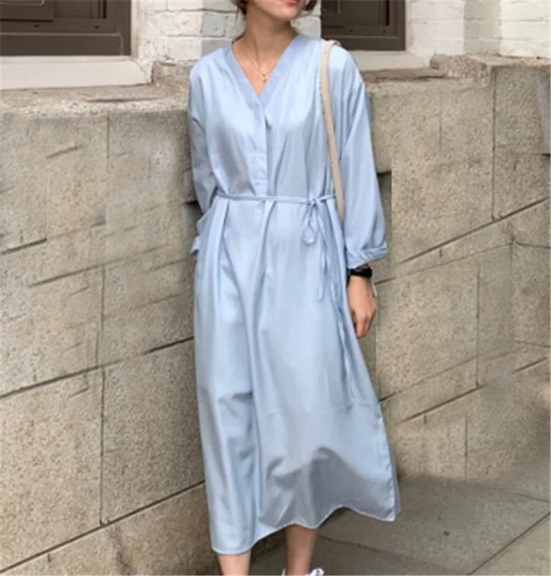 Женское богемное Платье макси с длинным рукавом синее повседневное тонкое