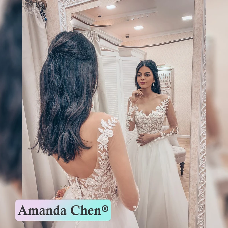 Новая модель свадебное платье трапециевидной формы с длинными рукавами и низкой