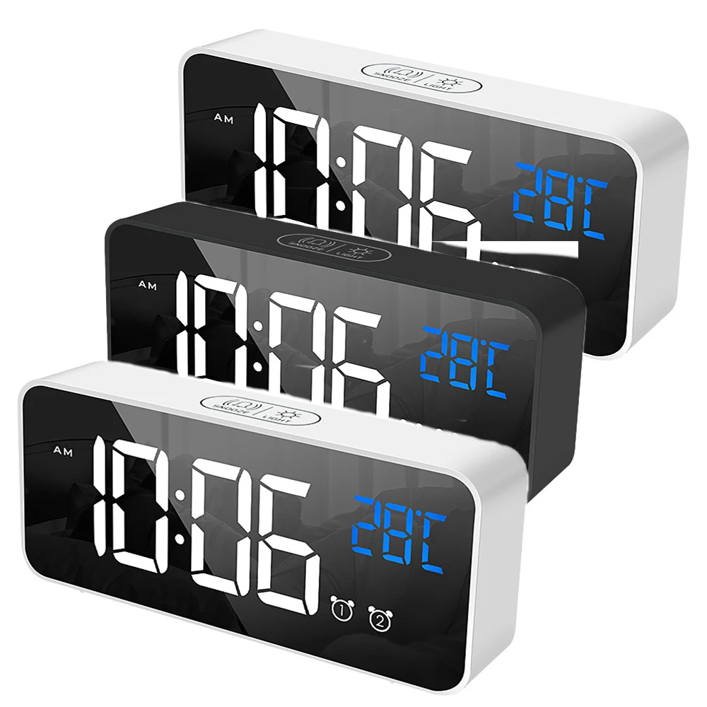 Мульти Функция светодиодный зеркальный будильник часы звук сигнала тревоги с