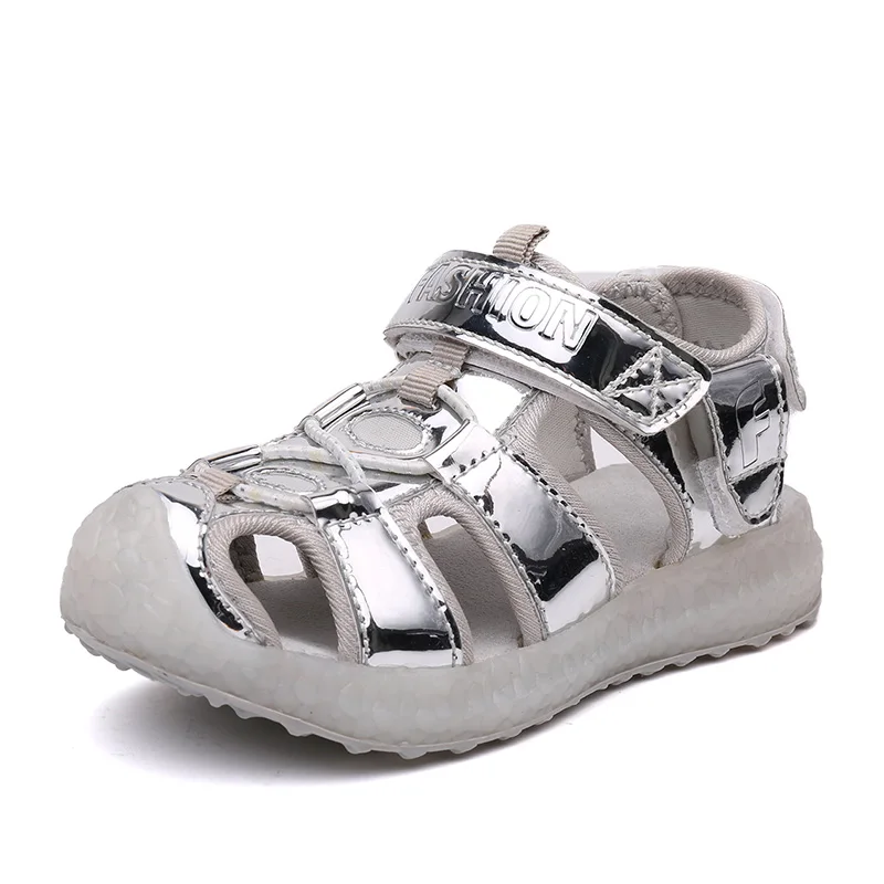 Детские сандалии со светодиодной подсветкой серебристые босоножки с USB зарядкой