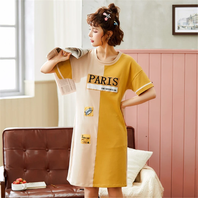 

Nightwear women's summer thin cotton short-sleeved solid color cartoon cotton girl home clothes can be worn ночная рубашка