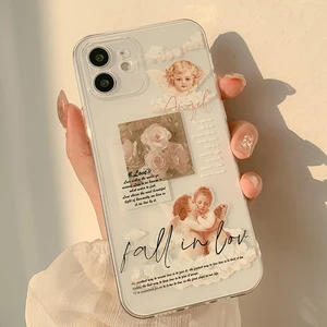 Retro rose angel cute transparent clear phone case for iphone xr xs max x 8 7 plus 11 12 mini 13 14 