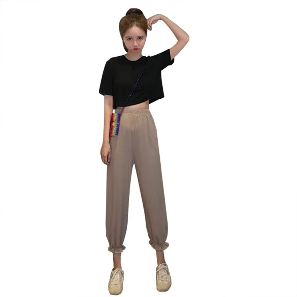 

Han edition show thin beam of pure color joker feet tall waist trousers students easy leisure nine minutes of pants female summe