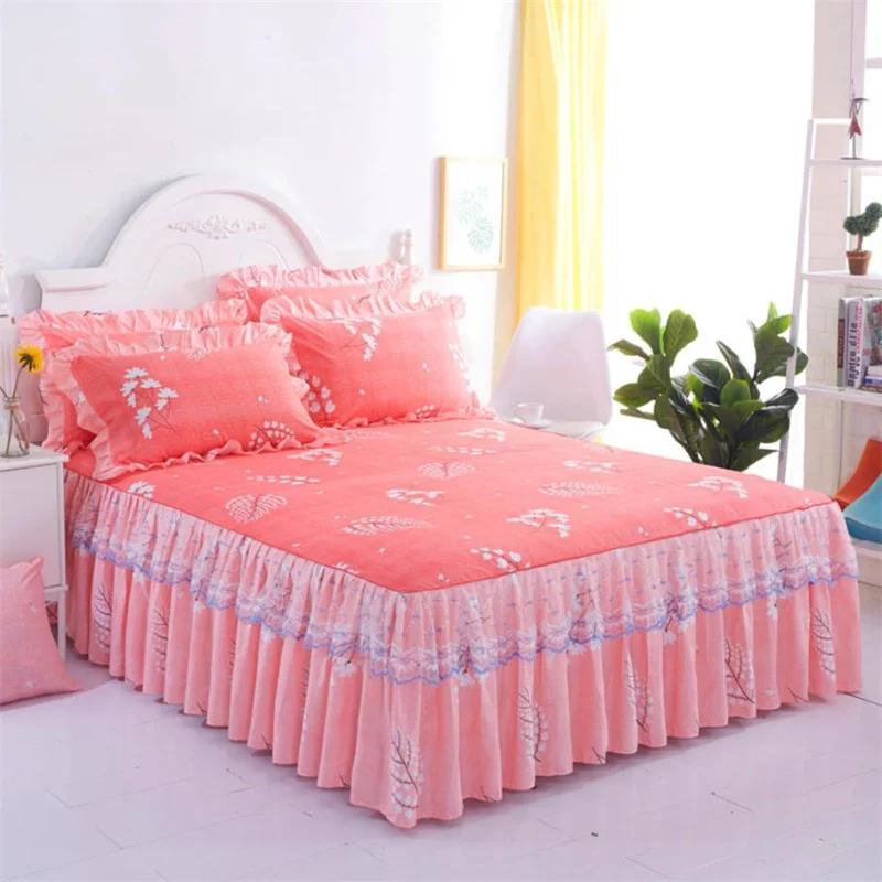 

3pcs/set (1Bed Skirt + 2pcs Pillowcase) Bed Sheet For King/Queen Princess Bed Skirt Flower Floral Skirt Textile Bedding F0696
