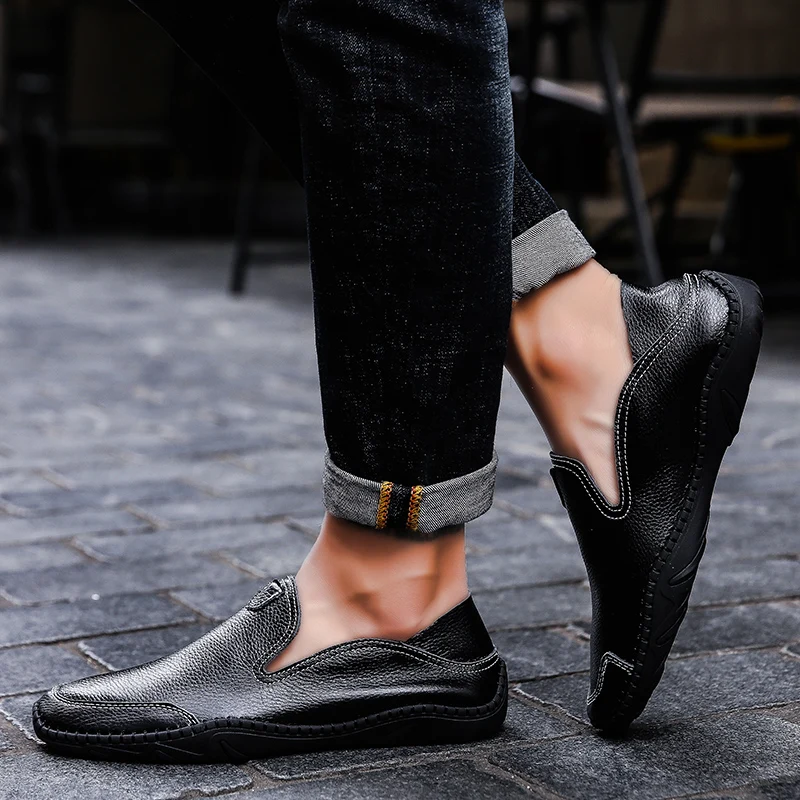 Italian genuine Leather Men Casual Shoes outdoor Luxury Brand Mens Loafers Moccasins Breathable Slip on Black Soft Flats | Обувь