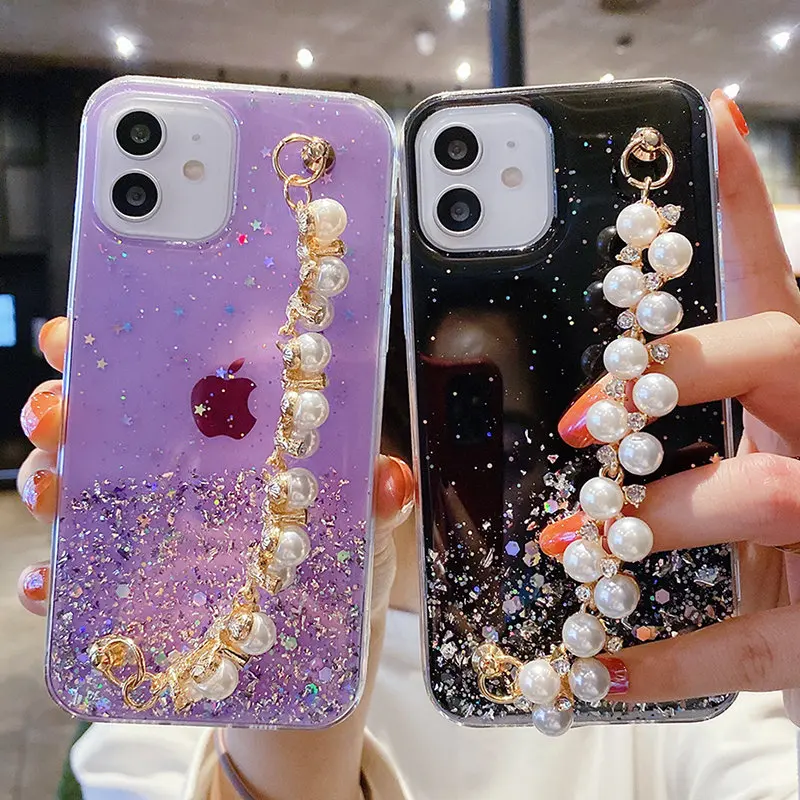 

Glitter Transparent Pearl Chain Phone Case For iPhone 12 Pro Max 11 12 Mini XR XS Max X 7 8 Plus SE 2020 Wrist Strap Back Cover