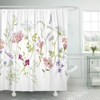 shower curtain watercolor floral pattern delicate flower wildflowers pink tansy pansies white queen annes lace retro waterproof