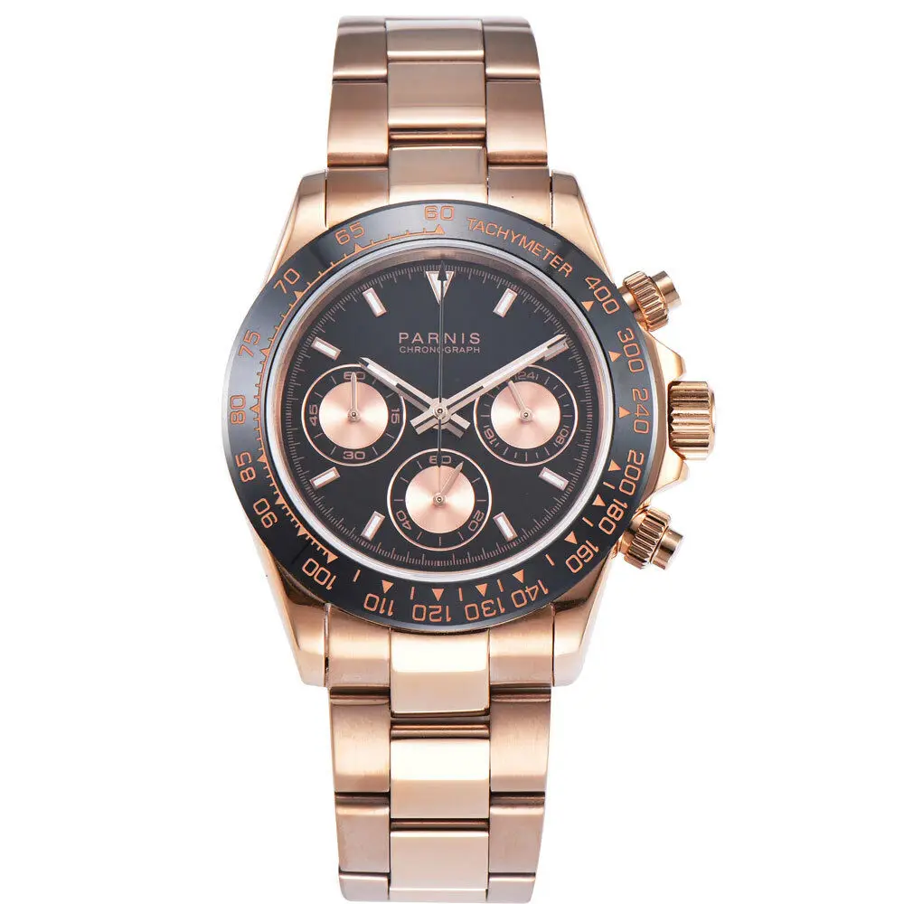 

39mm PARNIS Chronograph quartz men's watch waterproof rose gold case Multifunctional sapphire steel strap watch