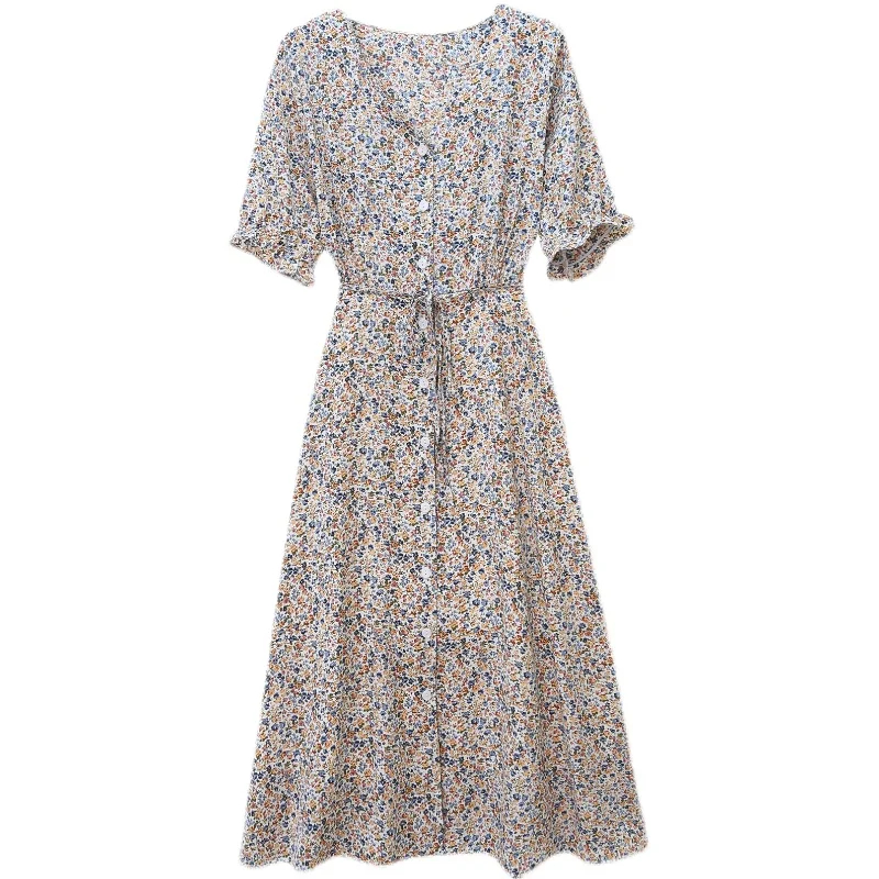 

8216# Summer Chic Ins Floral Printed Chiffon Maternity Long Dress Elegant V neck Slim Waist Clothes for Pregnant Women Pregnancy