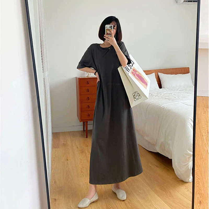 

Extra-Large Size T-Shirt Long Skirt Summer Loose Solid Color Over-The-Knee Dress