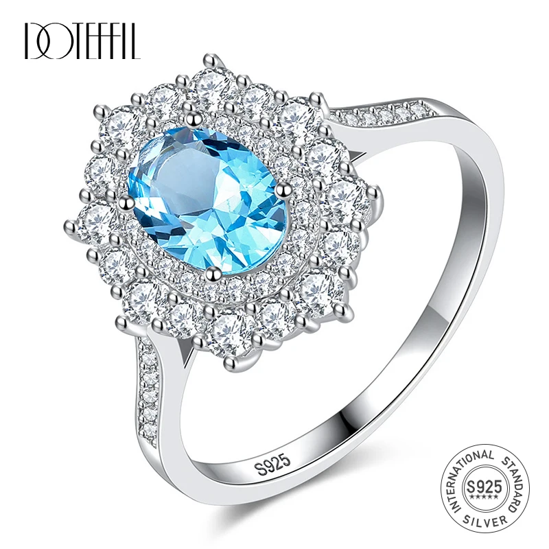 DOTEFFIL High Quality Sky Blue Topaz Brilliant Rings for Women 100% 925 Sterling Silver Flower Bridal Engagement Rings Jewelry