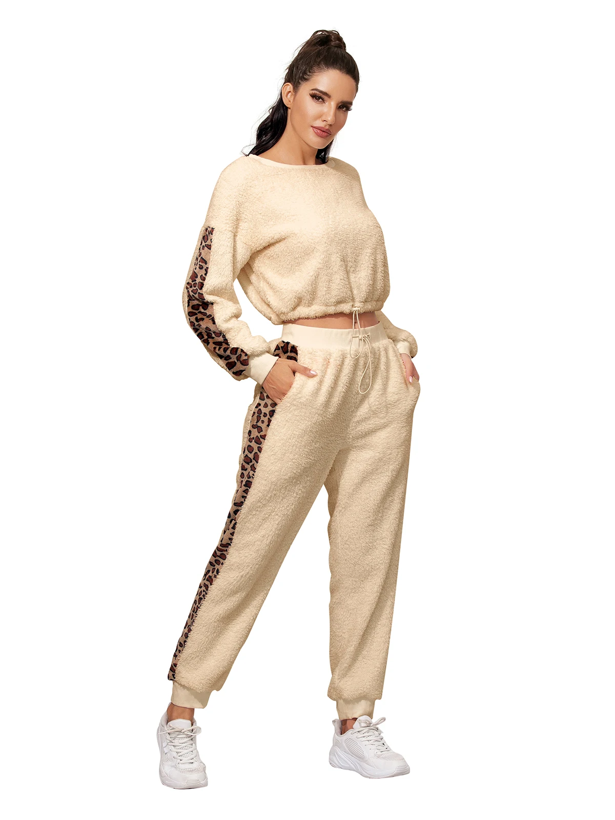 

Autumn Winter Plush Two Pieces Sets Women Leopard Patchwork Long Sleeve Crop Tops+Drawstring Plush Pants Ladies Tracksuits Suits