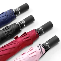 simple pure color design automatic men umbrella rain women black coating sun protect three folding umbrella paraguas