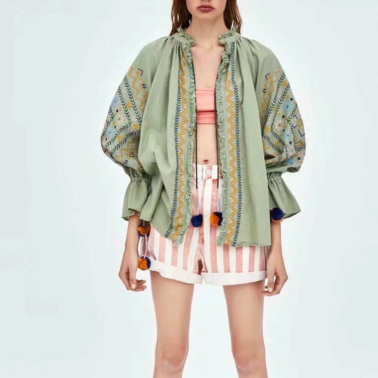 Boho Винтаж для женщин happie Цветочные emberoidery фонарь рукав богемный кимоно Дамы Кардиган Блузки оверсайз