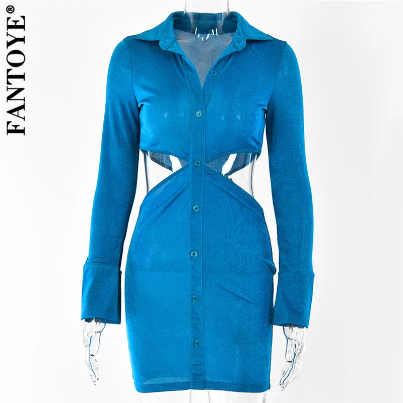 

Fantoye Turn-down Collar Hollow Out Dress Women Khaki Long Sleeve Single Breasted Dress Ladies Summer Streetwear Slim Vestidos