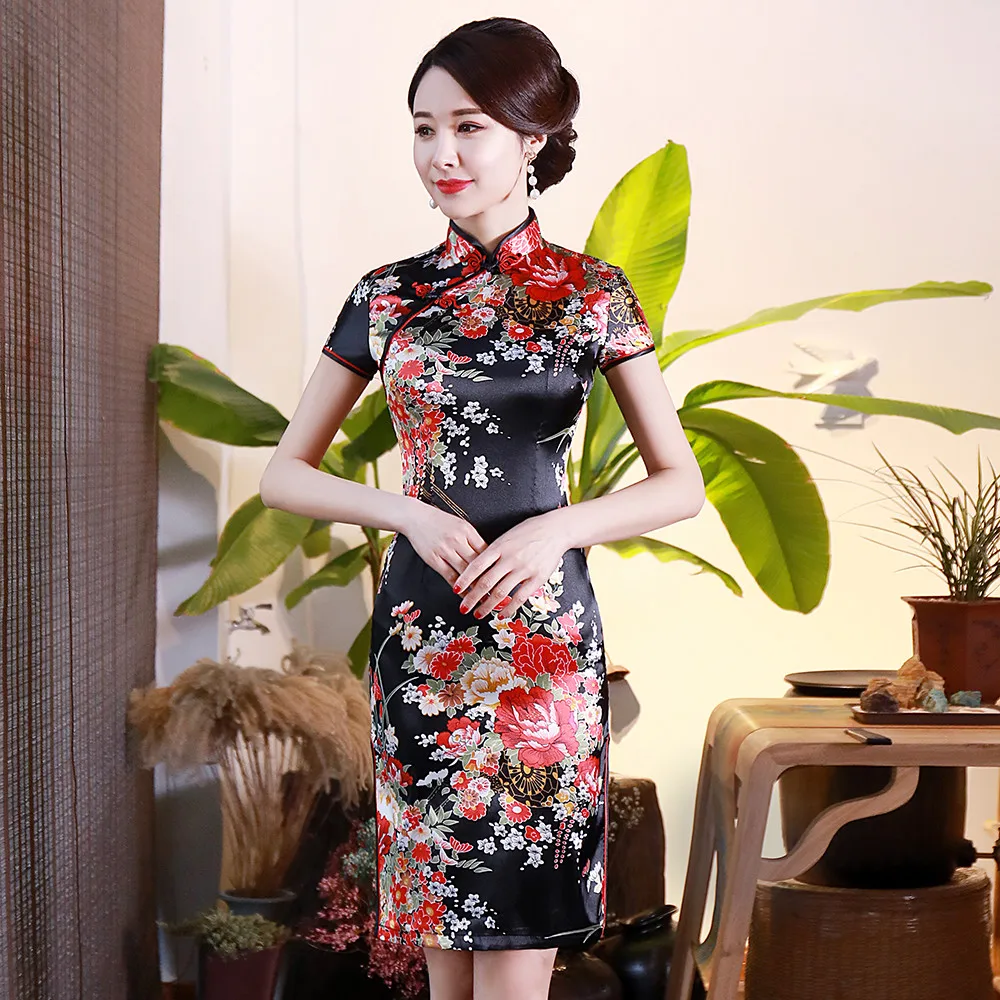 

Classic Oriental Mini Chinese Dress For Women Royal Blue Print Flower Qipao Big Size 3XL Retro Casual Dresses Evening Party Gown