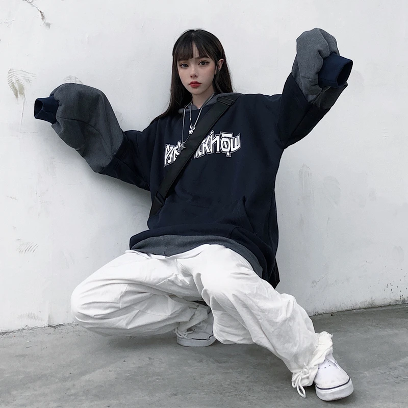 

Cool Sweatshirt Women Fashion Contrast Color Blouse Kpop Letter Pullover Long Sleeve Hooded Jacket 2021 Spring Harajuku Hoodie