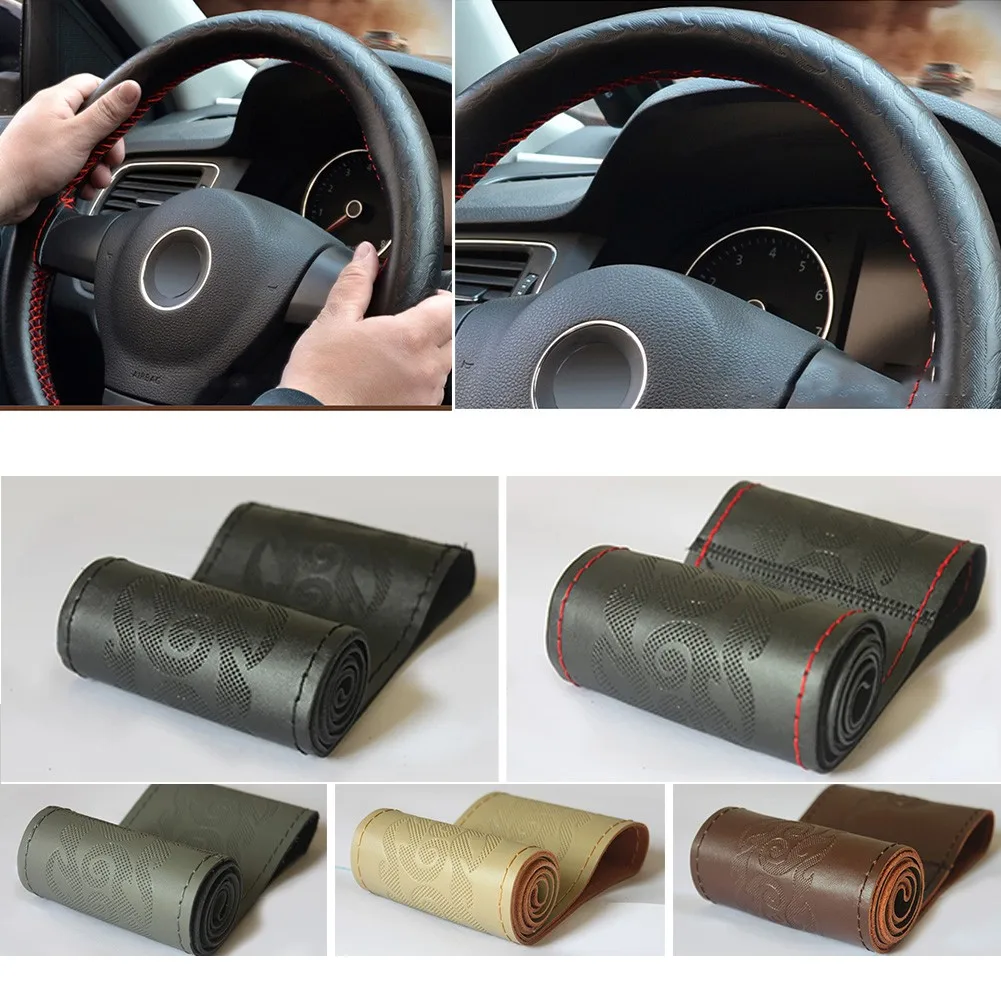

100% Real Cowhide Car Hand-sewn Soft Non-slip Steering Wheel Cover Decorative Protective Covers DIY 38CM With Thread And Needle