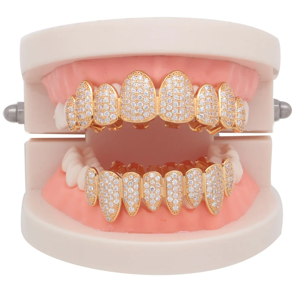 

New Top&Bottom Grills Hip Hop Teeth Grillz Tooth Mouth Cap Color Colored CZ Iced-Out Grillz Vampire Body Jewelry for Women Men