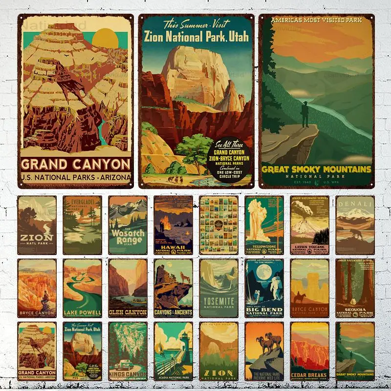 

New Vintage Metal Signs National Park LandscapeArt Movie Painting Kraft Paper Prints Home/ Room/Bar Decor Wall Stickers Posters