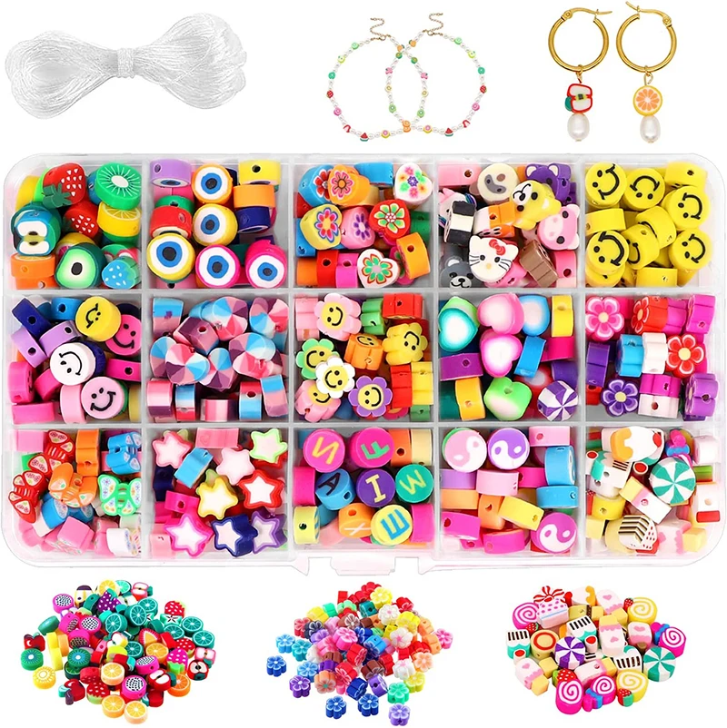 

300PCS Fruit Smiley Handmade Polymer Clay Beads 15 Styles Flower Letter Beads Soft Beads for Women Jewelry Making DIY Bracelet
