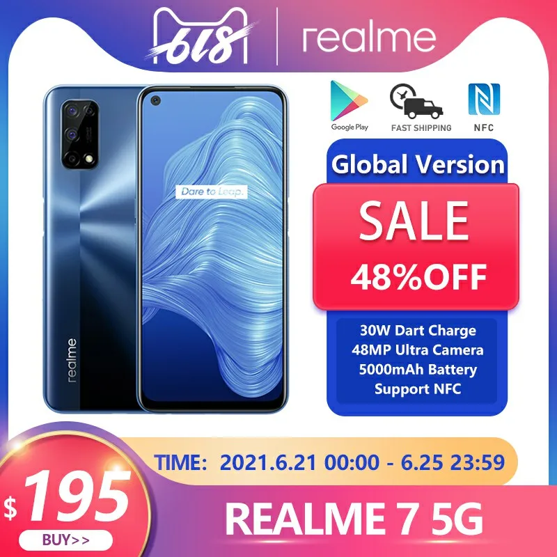 Смартфон Realme7 5G 6 ГБ + 128 Гб полноэкранный дисплей 120 Гц 5000 мАч Дротика 30 Вт камера 48