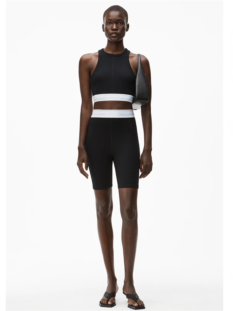 

Summer new ladies cotton slim sports suit 2021women high waist elastic reflective logo leggings solid color double shoulder vest