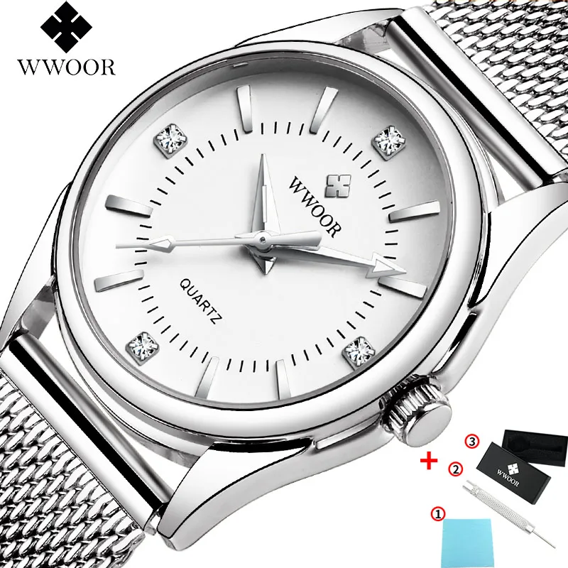 Часы WWOOR женские кварцевые роскошные модные наручные с серебристыми и белыми