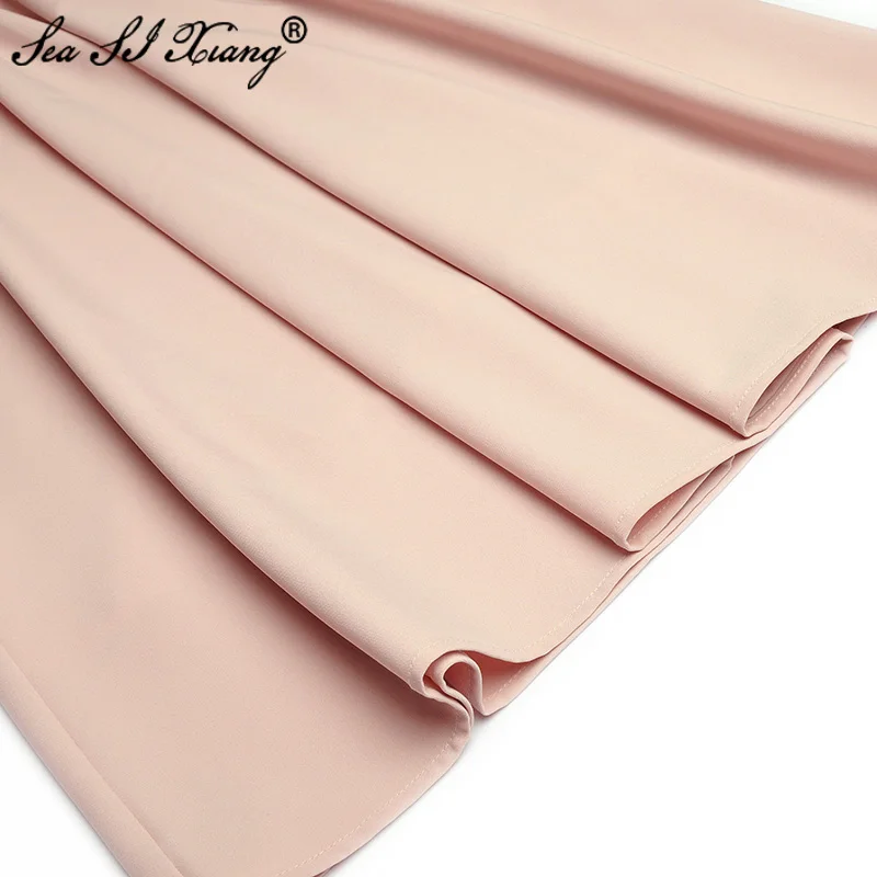 

Seasixiang Fashion Designer Autumn Dress Women's Turn-down Collar Long Sleeve Pearl Double Breasted Lace Patchwork Dresses