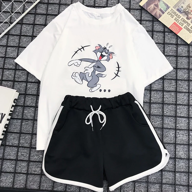 

Женский Повседневный комплект из двух предметов, футболка с коротким рукавом и шорты с мультяшным принтом, лето 2020