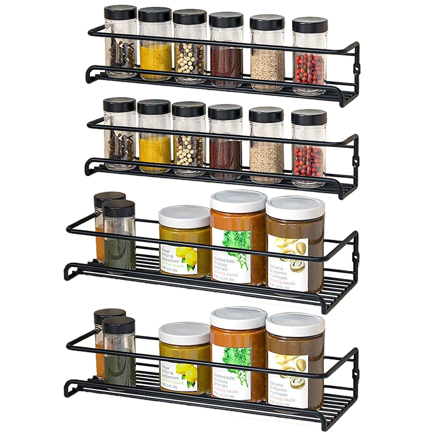 

ORZ Wall Mount Spice Rack Organizer 4 PCS Punch Free Seasoning Condiments Holder Shelf Hanging Kitchen Storage Organizer