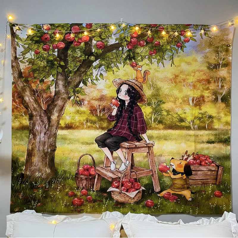 Ins Girl and Dog Background Cloth Wall Hanging Tapestry Hand-painted Dorm Room Girls Bedroom Dormitory Decor | Дом и сад