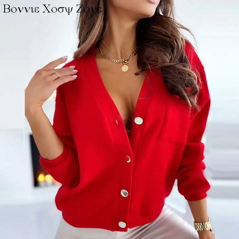 Women V neck Plain Button Design Long Sleeve Cardigan Bloouse Causal Top