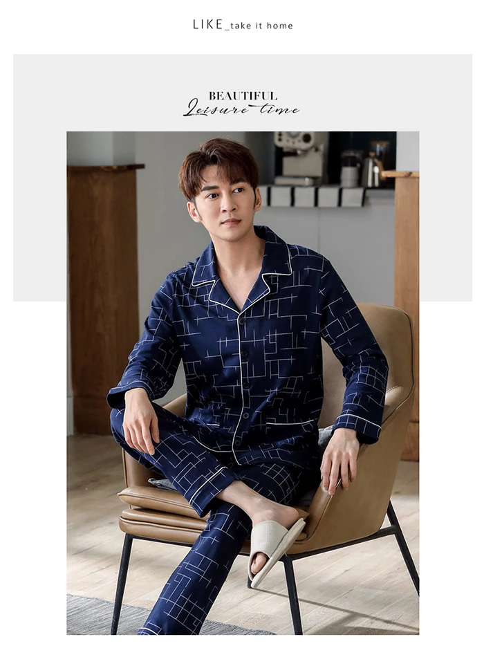 Men Pyjama Set 100% Cotton Spring Long Sleeve Print Men Pajama Suit Autumn Nightwear Collar Pijama Male Sleepwear Two Piece XXXL mens short pjs