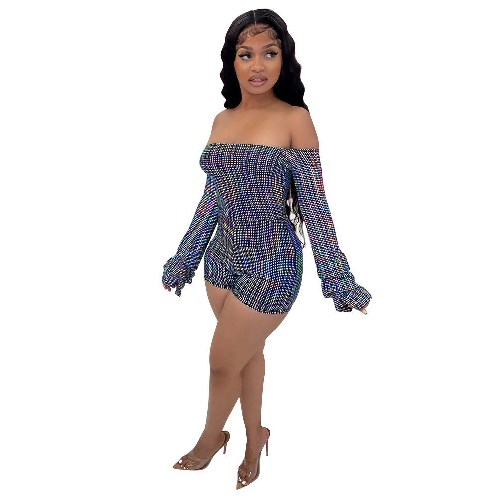 

Женский Короткий комбинезон с открытыми плечами, длинным рукавом и блестками