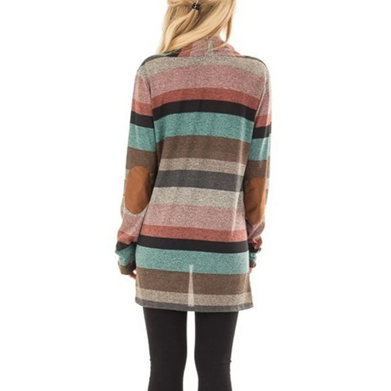 

Pop Women Autumn Cardigan Blouse Striped Pattern Bound Pockets Long Sleeves Female Tops Pop 88