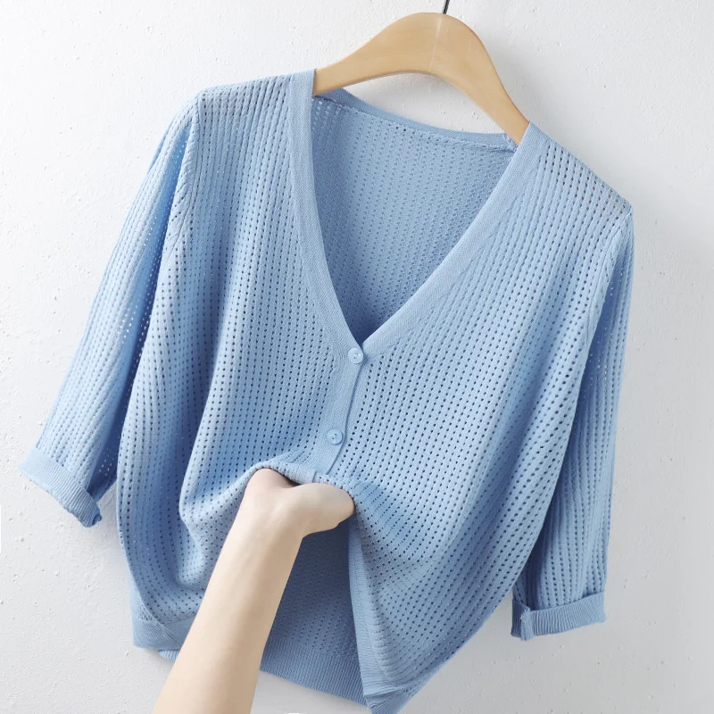 

Летний новый тонкий вязаный женский кардиган с v-образным вырезом, однотонный, с рукавом до локтя, свободный, элегантный, офисный, Дамская ве...