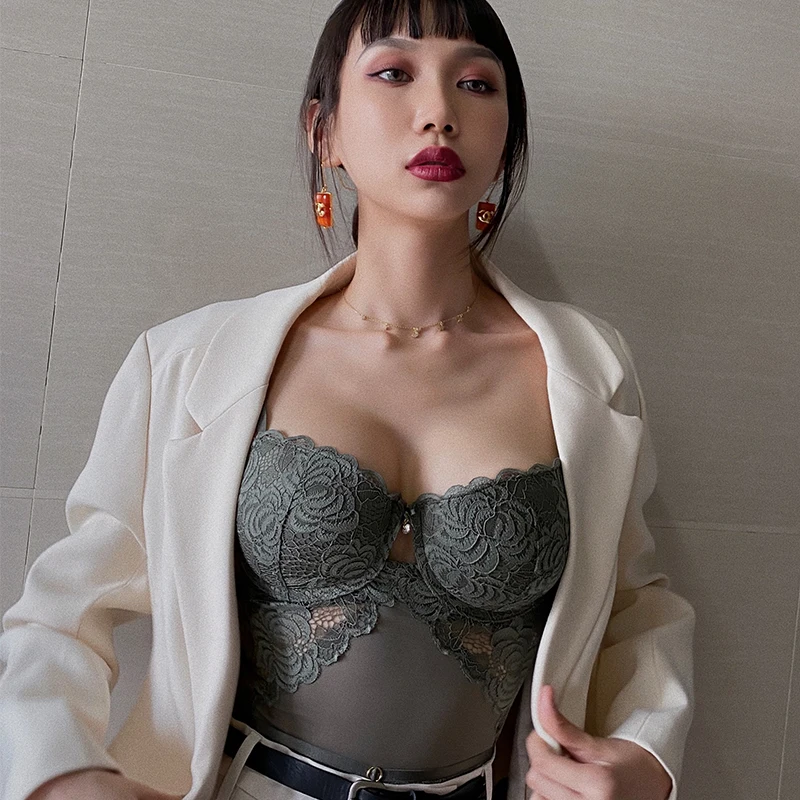 

French Bodysuit Sexy Lace Flowers Embroidery Temptation Push Up Bra Set Transparent Hollow Bodycon Women Underwear Onesies