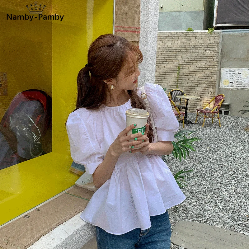 

Vintage Loose Puff Short Sleeve Women Blouse Fashion Tide Slim Waist Draped Design Shirts 2021 Summer Elegant Chic Blusas
