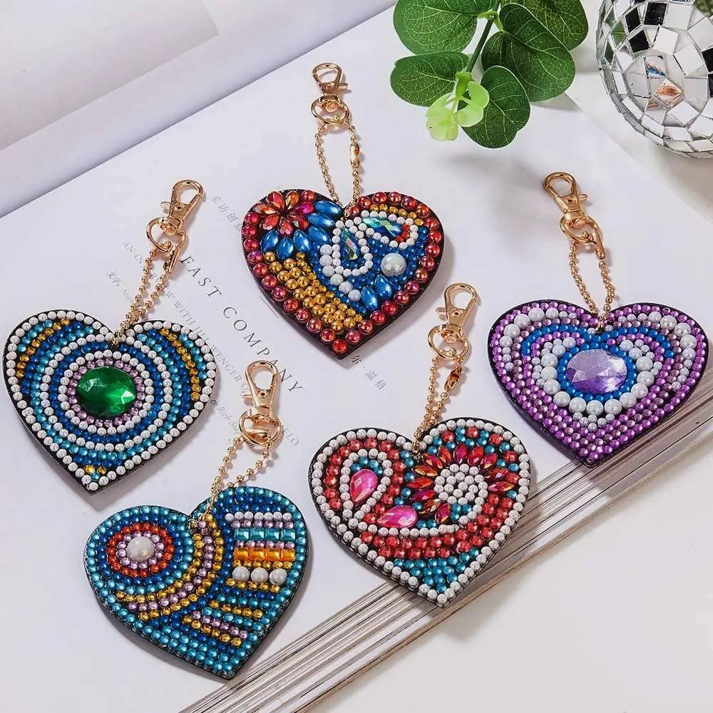 5PCS Diamond Painting Keychain Kits for Kids and Adult 5D Paint with Diamonds by Numbers Love Heart Diamond Pendant Key Ring