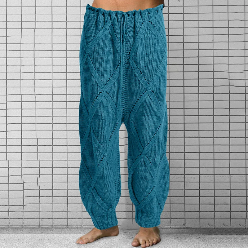 

2022 Fashion Lace-up Loose Knitted Long Trousers For Men Spring Casual Men Solid Woolen Pants Autumn Drawstring Mid Waist Pants