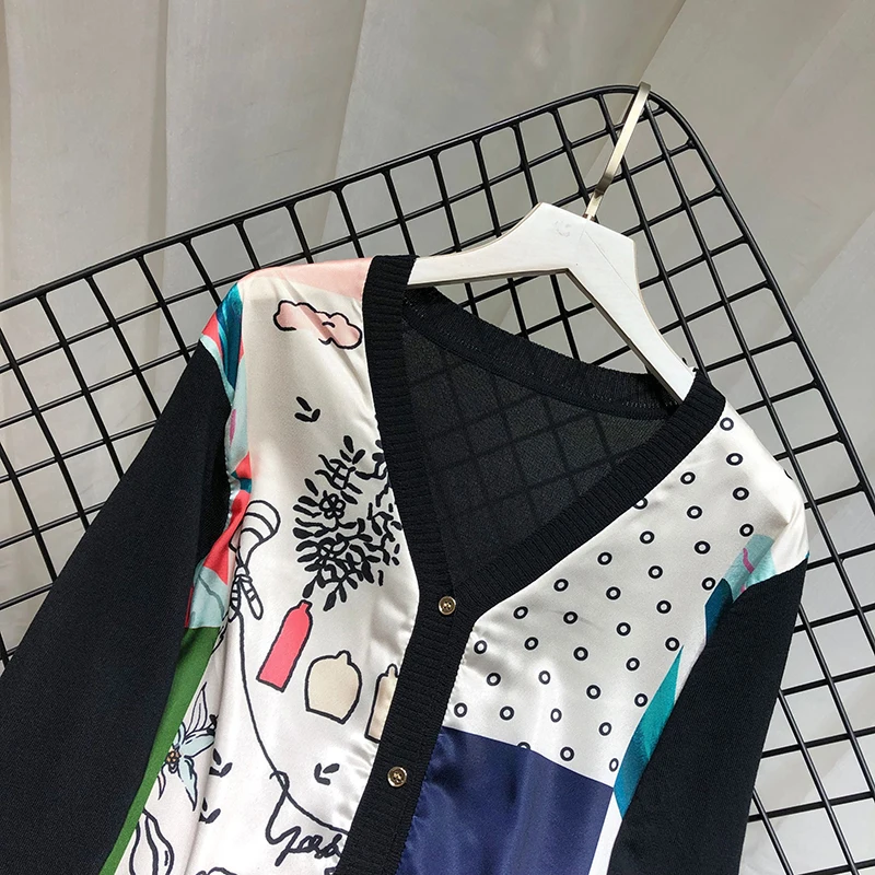 ALPHALMODA Европейский с v-образным вырезом атласный свитер с принтом пэчворк вязаный искусственный однобортный пуловер осенний модный топ с длинными рукавами