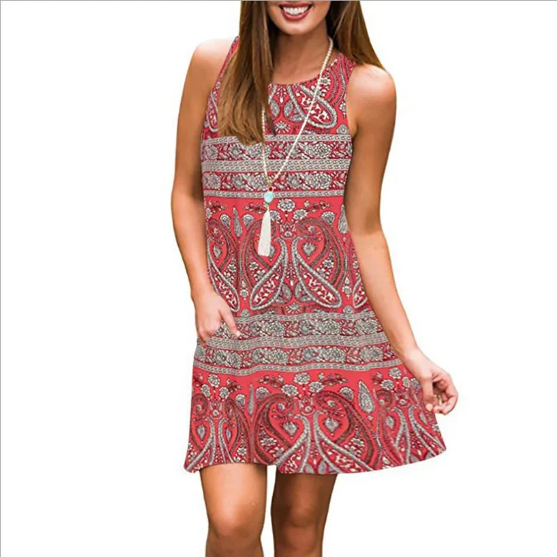 

Casual Loose Large Size Print O-Neck Sleeveless Mini Dress For Summer 2021 New Arrival Women Fashion 3XL Cotton Splice Dresses