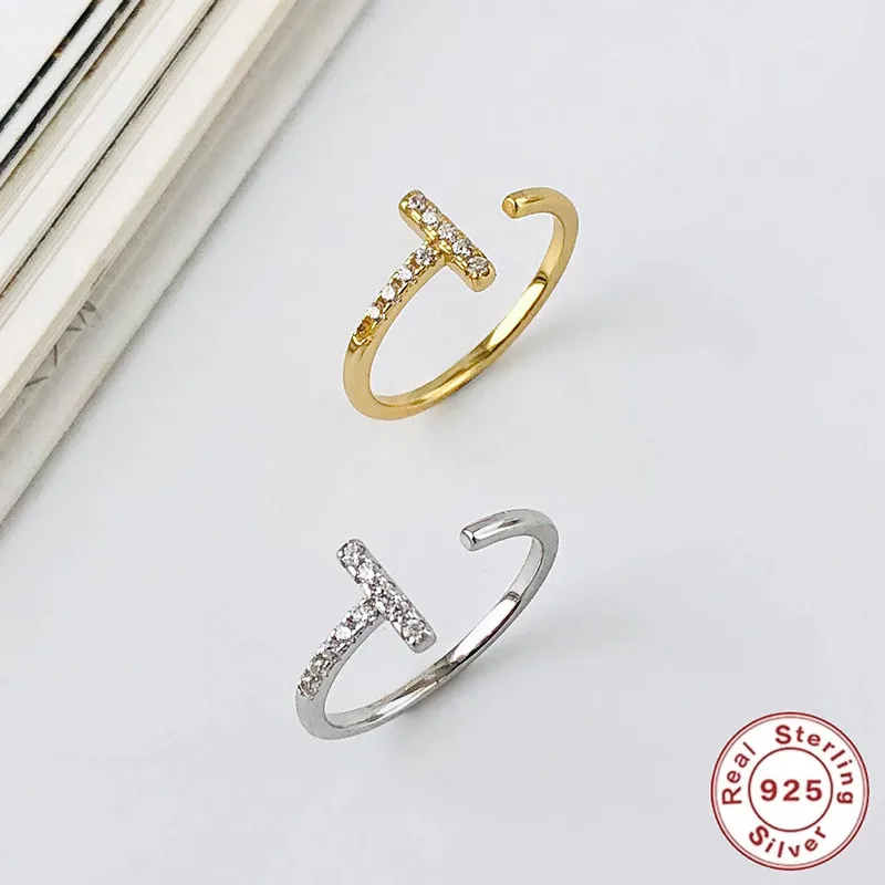 

CCFJOYAS European and American 100% 925 Sterling Silver T-Shaped White Zircon Rings Women INS Geometric Open Ring Adjustable