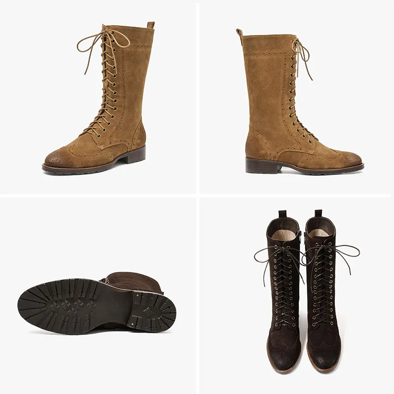 Ботинки BeauToday женские до середины икры Броги из коровьей замши с круглым носком