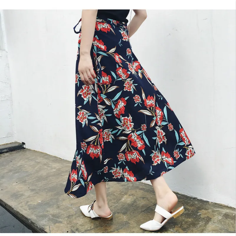 

2020 new summer beach chic floral high waist lace one-piece printed Chiffon long slit tango black tulle purple sexy skirt women