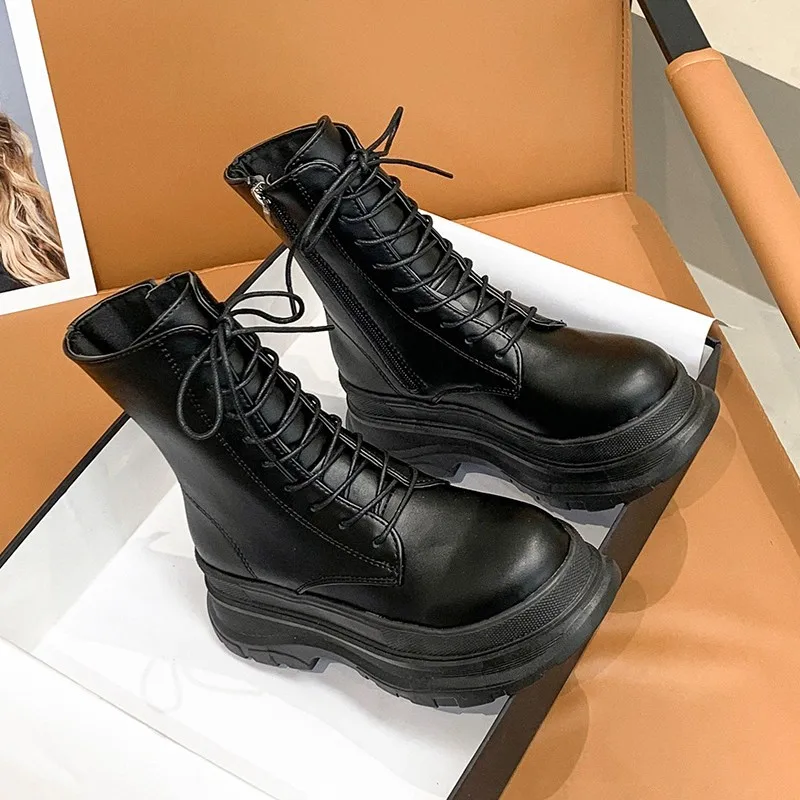 Short boots 2021 new fashion women's short boots snow boots PU leather side zipper non-slip warm shoes lace up black women boots