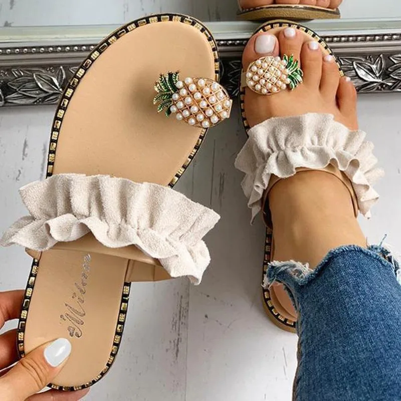 

Women Summer New Leopard Print Slides Fashion Womens Pineapple Pearl Flat Sandals Outdoor Casual Beach Sandals Ladies Slippers
